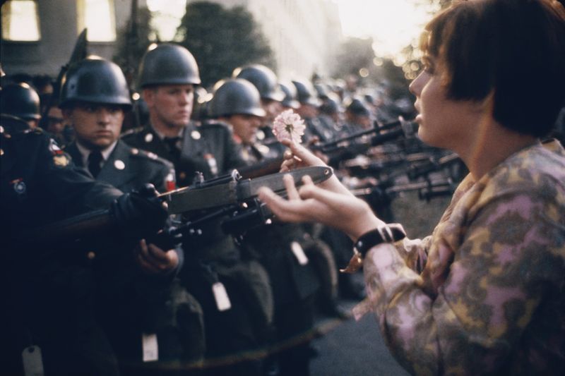 the iconic  Pulitzer prize winning photograph of the 'flower-power' anti-Vietnam war protest movement came to mind when thinking about how the law against war-time 'ecocide' arose also at this time, photo by Marc Riboud taken at the Pentagon, Washington D. C, 21 October 1967