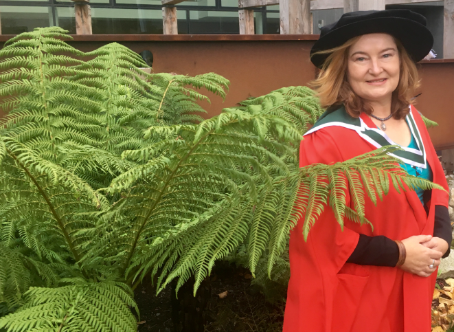 Celebrating with a NZ tree fern at UCD, 19 November 2018.
