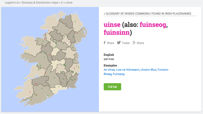 'uinse' found in Irish placenames. (Click the image to see more details from Logainm.ie]
